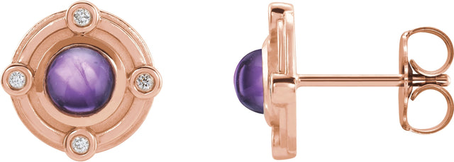 14K Gold Round Natural Amethyst & Natural Diamond Accented Cabochon Earrings - Rose Gold