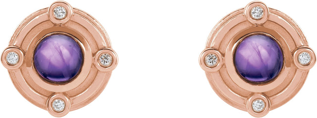 14K Gold Round Natural Amethyst & Natural Diamond Accented Cabochon Earrings - Rose Gold - view 2