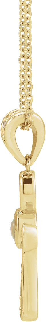 Platinum Round Natural White Opal & Natural Diamond Cabochon Ankh Cross Necklace or Pendant - view 4