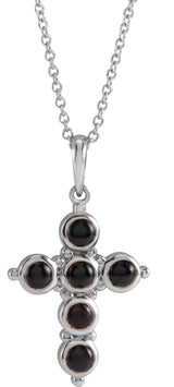 14K Gold Round Natural Black Onyx Cabochon Cross Necklace or Pendant - White Gold