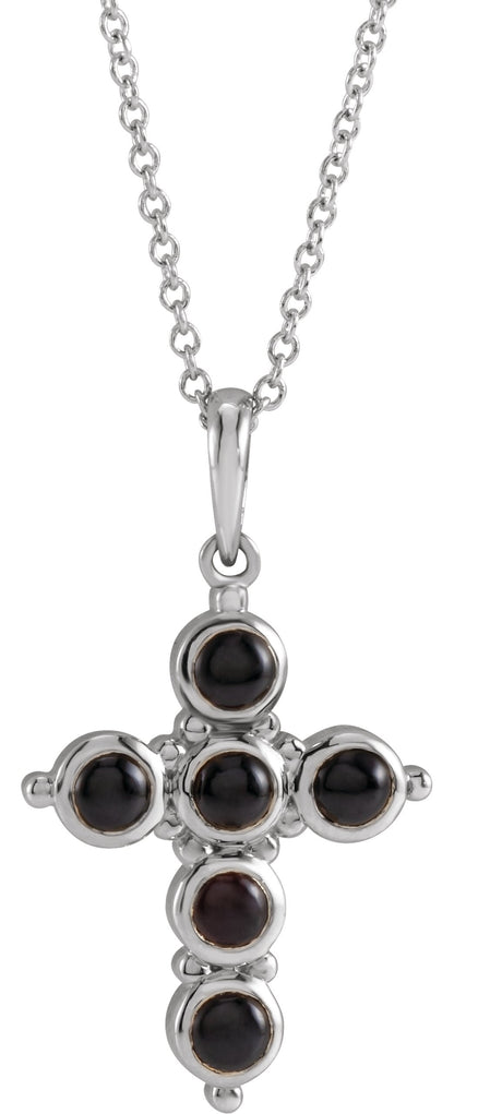 14K Gold Round Natural Black Onyx Cabochon Cross Necklace or Pendant - White Gold