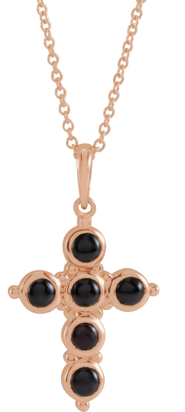 14K Gold Round Natural Black Onyx Cabochon Cross Necklace or Pendant - Rose Gold