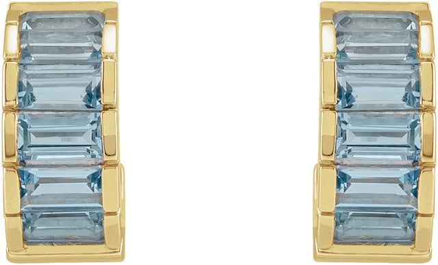 14K Gold Straight Baguette Natural Aquamarine Channel-Set Hoop Earrings - Yellow Gold - view 2