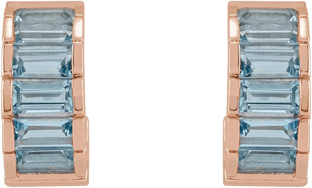 14K Gold Straight Baguette Natural Aquamarine Channel-Set Hoop Earrings - Rose Gold - view 2