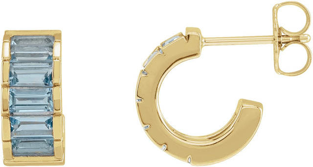 14K Gold Straight Baguette Natural Aquamarine Channel-Set Hoop Earrings - Yellow Gold