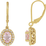 14K Gold Oval Natural Pink Morganite & Natural Diamond Halo-Style Earrings III - Yellow Gold