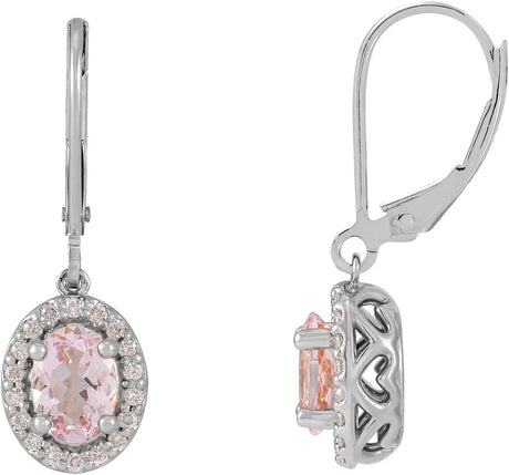 14K Gold Oval Natural Pink Morganite & Natural Diamond Halo-Style Earrings III - White Gold