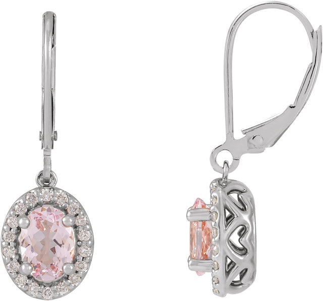 14K Gold Oval Natural Pink Morganite & Natural Diamond Halo-Style Earrings III - White Gold