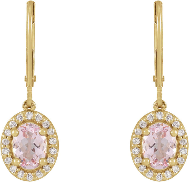 14K Gold Oval Natural Pink Morganite & Natural Diamond Halo-Style Earrings III - Yellow Gold - view 2