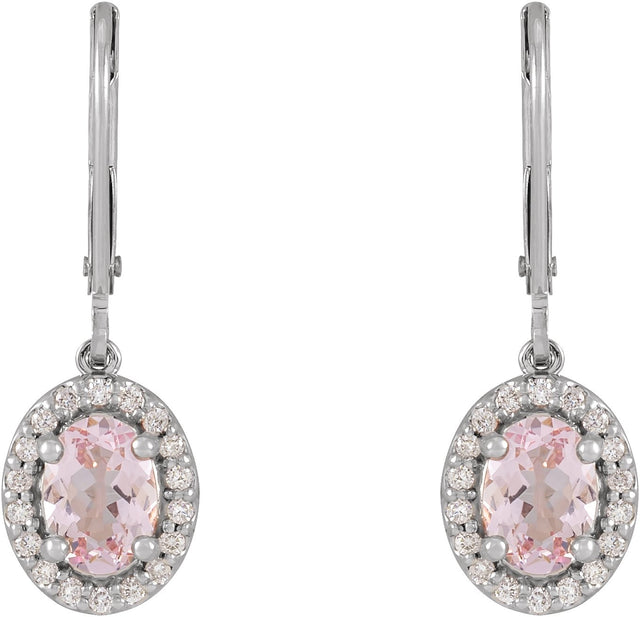 14K Gold Oval Natural Pink Morganite & Natural Diamond Halo-Style Earrings III - White Gold - view 2