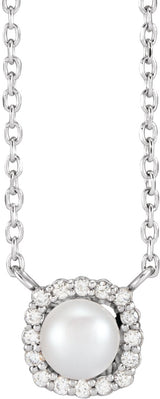 14K Gold Cultured White Akoya Pearl & Natural Diamond Halo-Style Pearl Necklace - White Gold