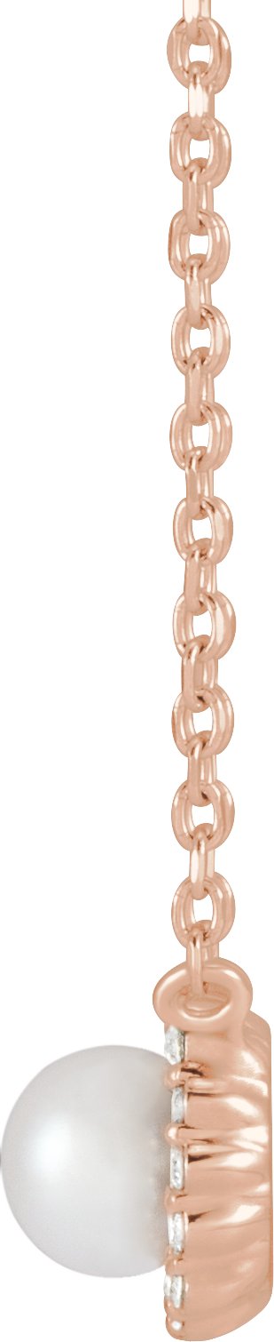 14K Gold Cultured White Akoya Pearl & Natural Diamond Halo-Style Pearl Necklace - Rose Gold - view 2