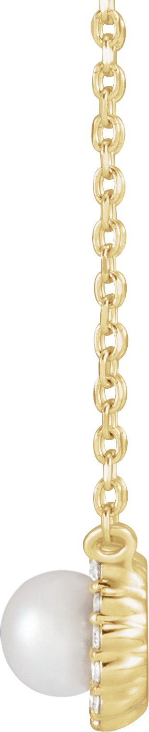 14K Gold Cultured White Akoya Pearl & Natural Diamond Halo-Style Pearl Necklace - Yellow Gold - view 2