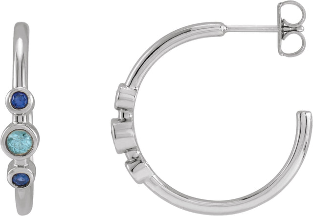 14K Gold Round Natural Blue Zircon & Natural Blue Sapphire Bezel-Set Hoop Earrings - White Gold