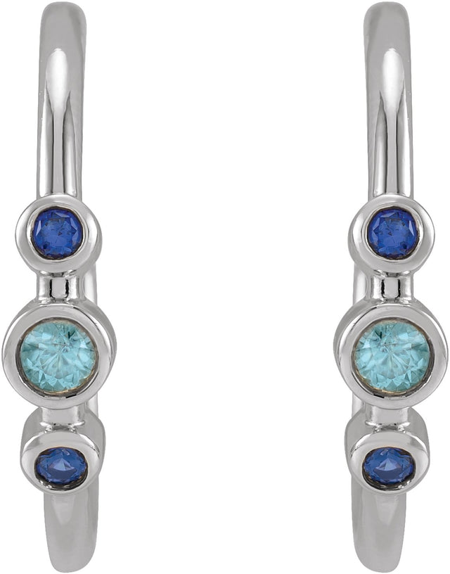 14K Gold Round Natural Blue Zircon & Natural Blue Sapphire Bezel-Set Hoop Earrings - White Gold - view 2
