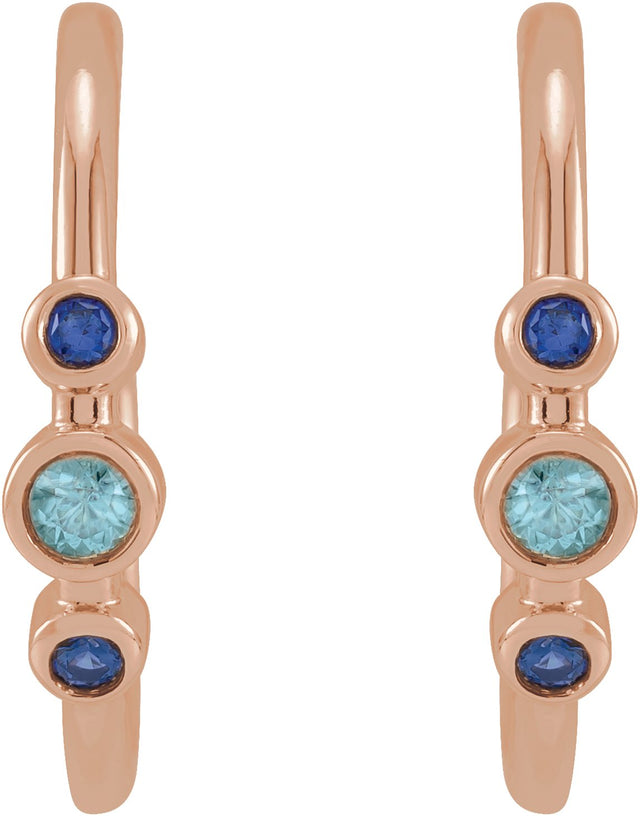 14K Gold Round Natural Blue Zircon & Natural Blue Sapphire Bezel-Set Hoop Earrings - Rose Gold - view 2
