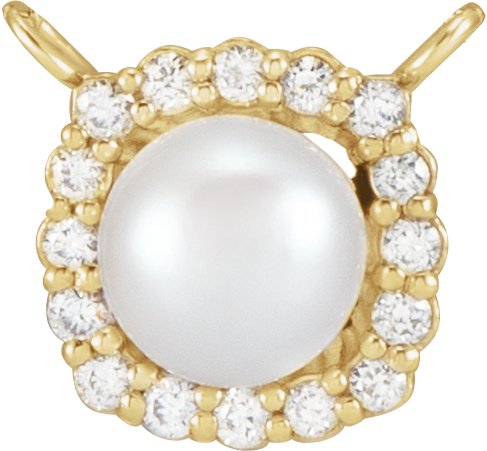 14K Gold Cultured White Akoya Pearl & Natural Diamond Halo-Style Pearl Necklace - Yellow Gold