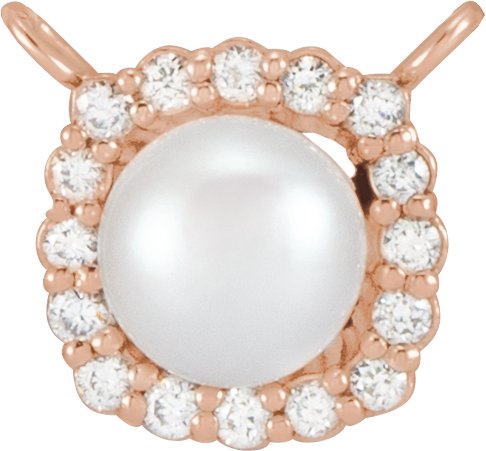 14K Gold Cultured White Akoya Pearl & Natural Diamond Halo-Style Pearl Necklace - Rose Gold