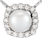 Platinum Cultured White Akoya Pearl & Natural Diamond Halo-Style Pearl Necklace