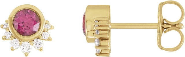 14K Gold Round Natural Rhodolite Garnet & Natural Diamond Accented Earrings II - Yellow Gold