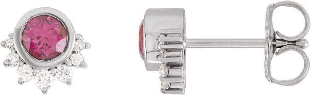 14K Gold Round Natural Rhodolite Garnet & Natural Diamond Accented Earrings II - White Gold
