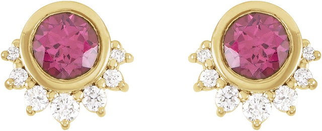 14K Gold Round Natural Rhodolite Garnet & Natural Diamond Accented Earrings II - Yellow Gold - view 2