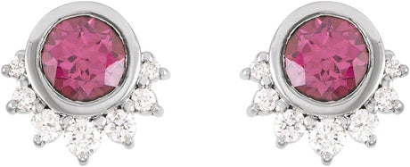 Platinum Round Natural Rhodolite Garnet & Natural Diamond Accented Earrings II - view 2
