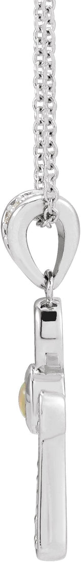 Platinum Round Natural White Opal & Natural Diamond Cabochon Ankh Cross Necklace or Pendant - view 2