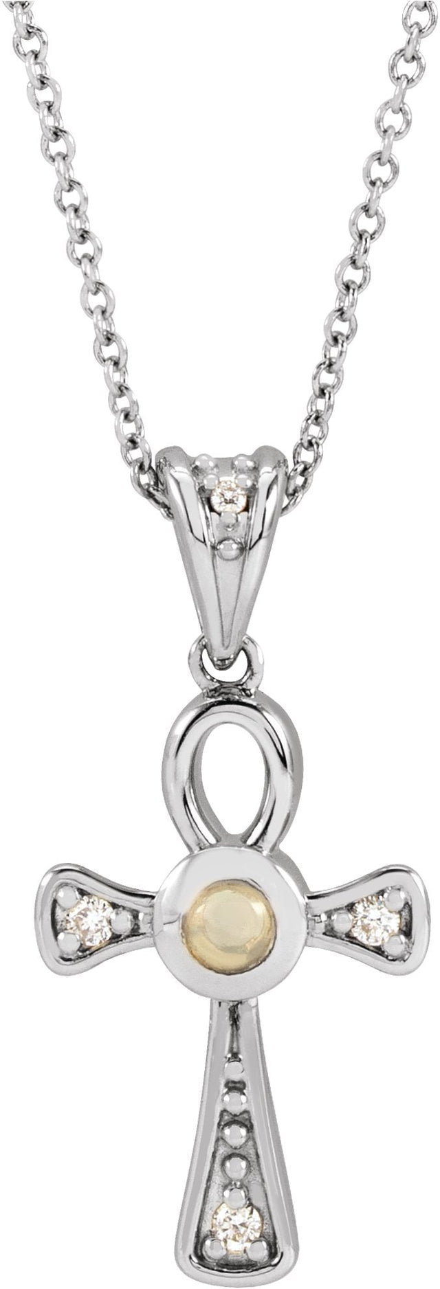 Platinum Round Natural White Opal & Natural Diamond Cabochon Ankh Cross Necklace or Pendant