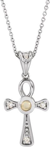 14K Gold Round Natural White Opal & Natural Diamond Cabochon Ankh Cross Necklace or Pendant - White Gold
