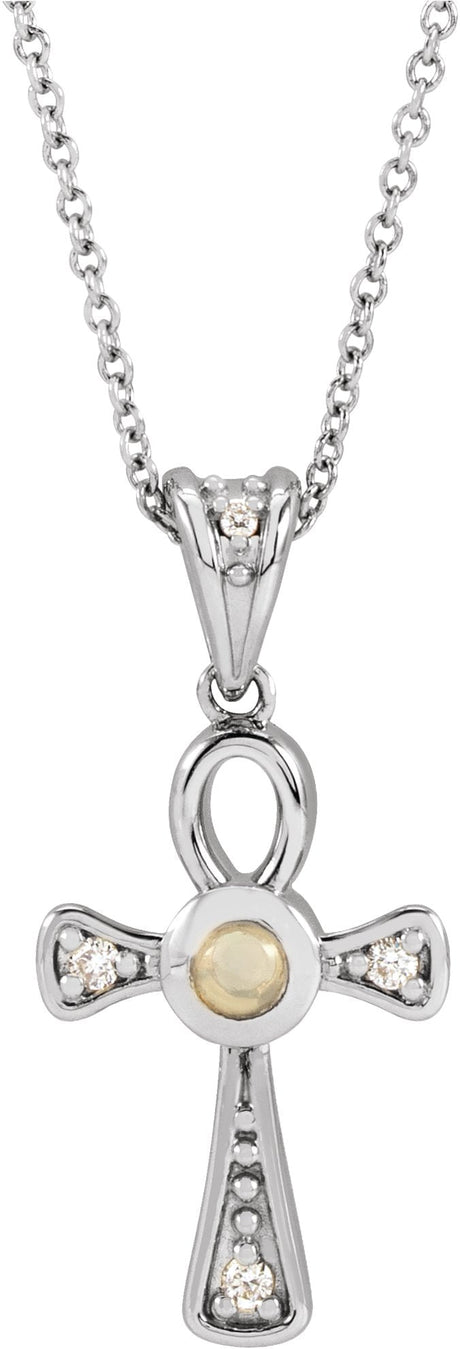14K Gold Round Natural White Opal & Natural Diamond Cabochon Ankh Cross Necklace or Pendant - White Gold