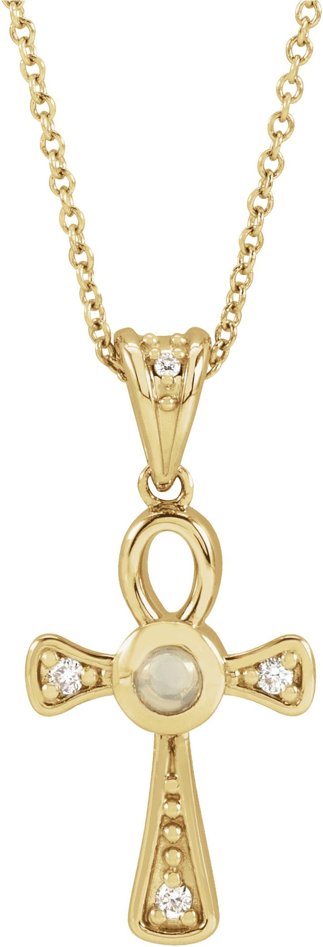 14K Gold Round Natural White Opal & Natural Diamond Cabochon Ankh Cross Necklace or Pendant - Yellow Gold