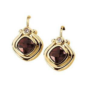 14K Gold Cushion Natural Mozambique Garnet & Natural Diamond Accented Bezel-Set Earrings