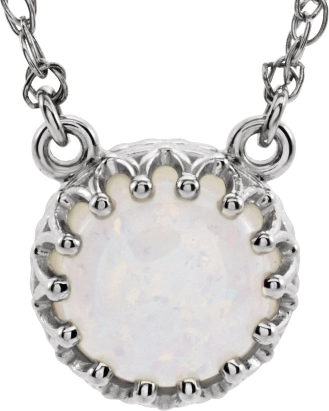 14K Gold Round Natural White Opal Cabochon Crown Necklace - White Gold