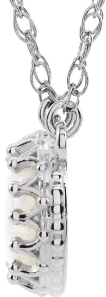 14K Gold Round Natural White Opal Cabochon Crown Necklace - White Gold - view 2