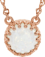 14K Gold Round Natural White Opal Cabochon Crown Necklace - Rose Gold