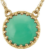 14K Gold Round Natural Green Chrysoprase Cabochon Crown Necklace