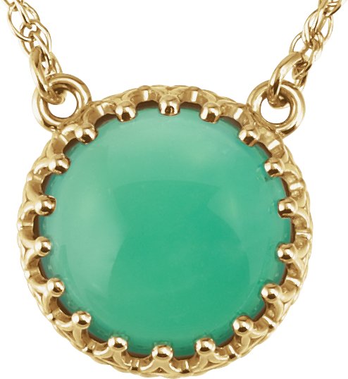 14K Gold Round Natural Green Chrysoprase Cabochon Crown Necklace