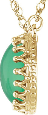 14K Gold Round Natural Green Chrysoprase Cabochon Crown Necklace - view 2