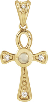 14K Gold Round Natural White Opal & Natural Diamond Cabochon Ankh Cross Necklace or Pendant - Yellow Gold