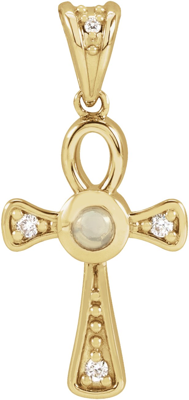 14K Gold Round Natural White Opal & Natural Diamond Cabochon Ankh Cross Necklace or Pendant - Yellow Gold