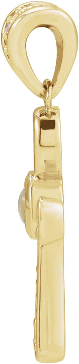 14K Gold Round Natural White Opal & Natural Diamond Cabochon Ankh Cross Necklace or Pendant - Yellow Gold - view 2