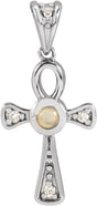 Platinum Round Natural White Opal & Natural Diamond Cabochon Ankh Cross Necklace or Pendant