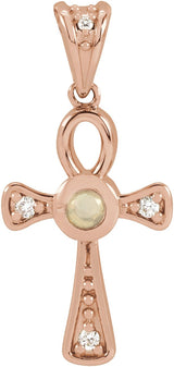 14K Gold Round Natural White Opal & Natural Diamond Cabochon Ankh Cross Necklace or Pendant - Rose Gold