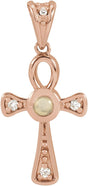 14K Gold Round Natural White Opal & Natural Diamond Cabochon Ankh Cross Necklace or Pendant - Rose Gold