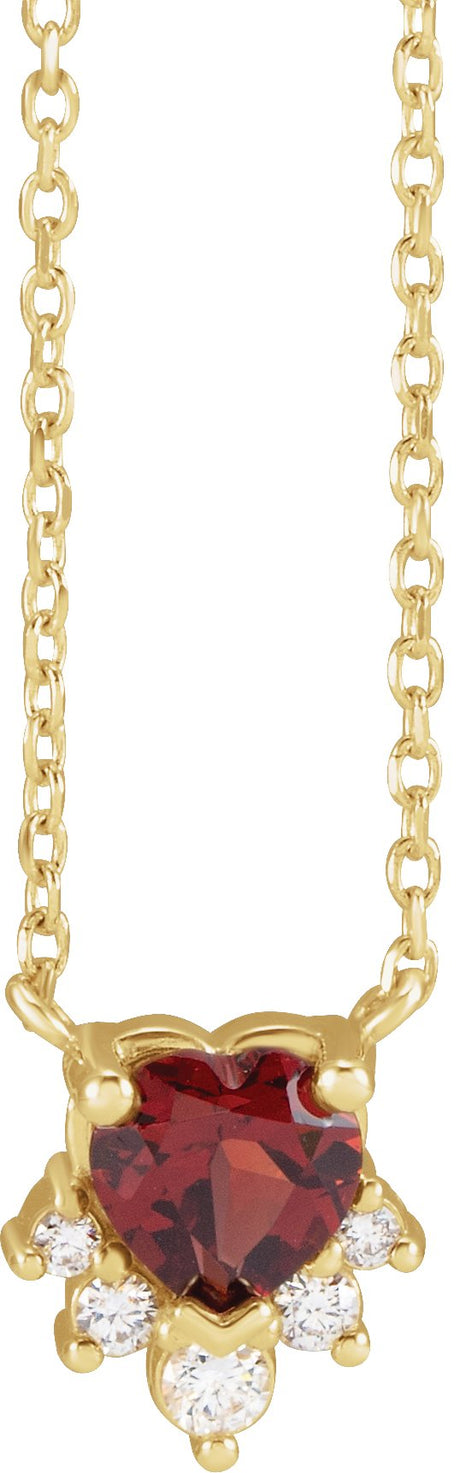 14K Gold Natural Mozambique Garnet & Natural Diamond Accented Heart Necklace - Yellow Gold