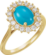 14K Gold Oval Natural Turquoise & Natural Diamond Halo-Style Cabochon Ring - Yellow Gold