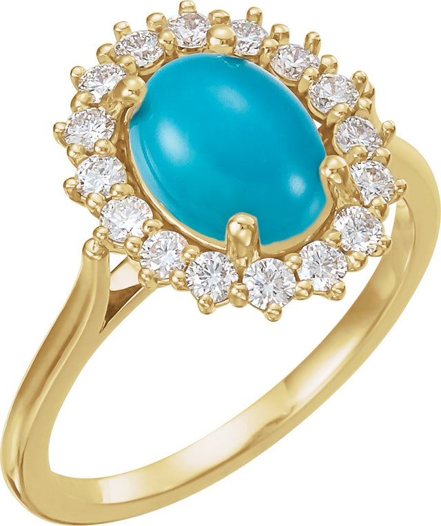 14K Gold Oval Natural Turquoise & Natural Diamond Halo-Style Cabochon Ring - Yellow Gold