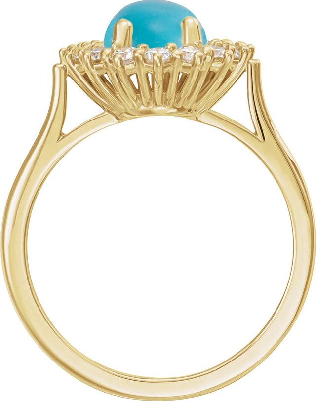 14K Gold Oval Natural Turquoise & Natural Diamond Halo-Style Cabochon Ring - Yellow Gold - view 2