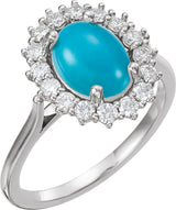 14K Gold Oval Natural Turquoise & Natural Diamond Halo-Style Cabochon Ring - White Gold